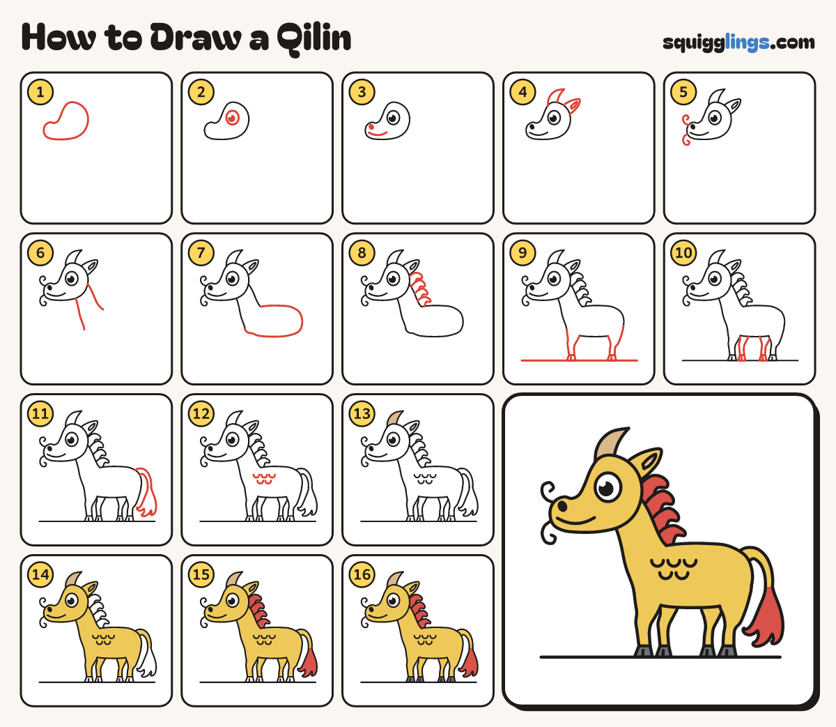 How to Draw a Qilin step by step: all 16 steps in one picture