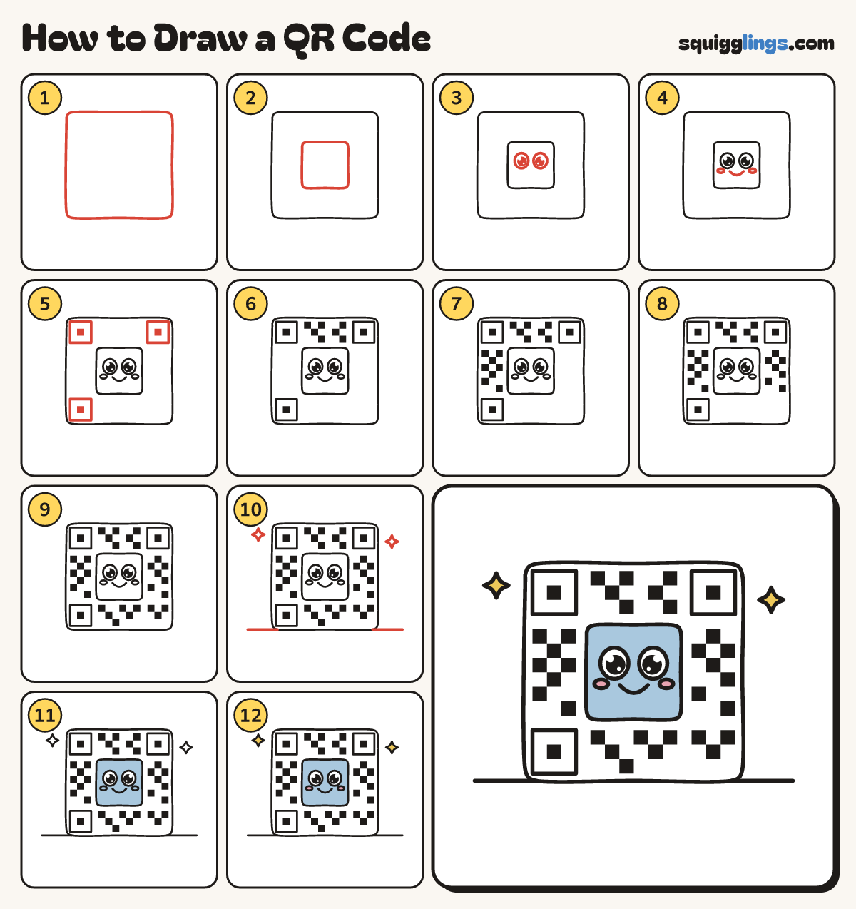 How to Draw a QR Code step by step: all 12 steps in one picture