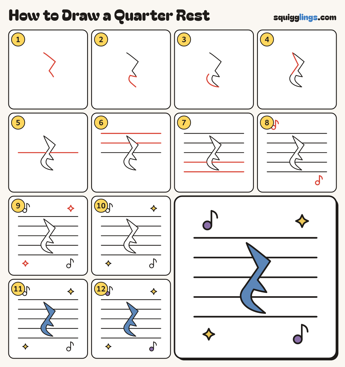 How to Draw a Quarter Rest step by step: all 12 steps in one picture