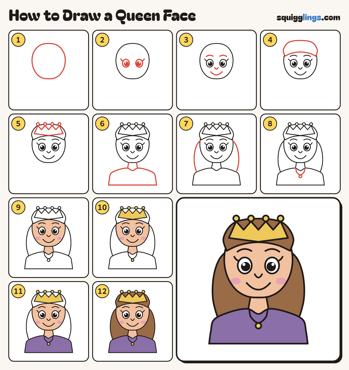How to Draw a Queen Face step by step: all 12 steps in one picture