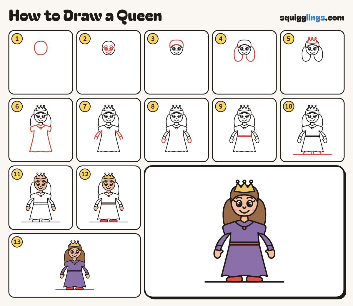 How to Draw a Queen step by step: all 13 steps in one picture