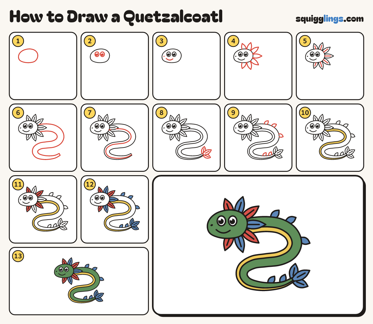 How to Draw a Quetzalcoatl step by step: all 13 steps in one picture