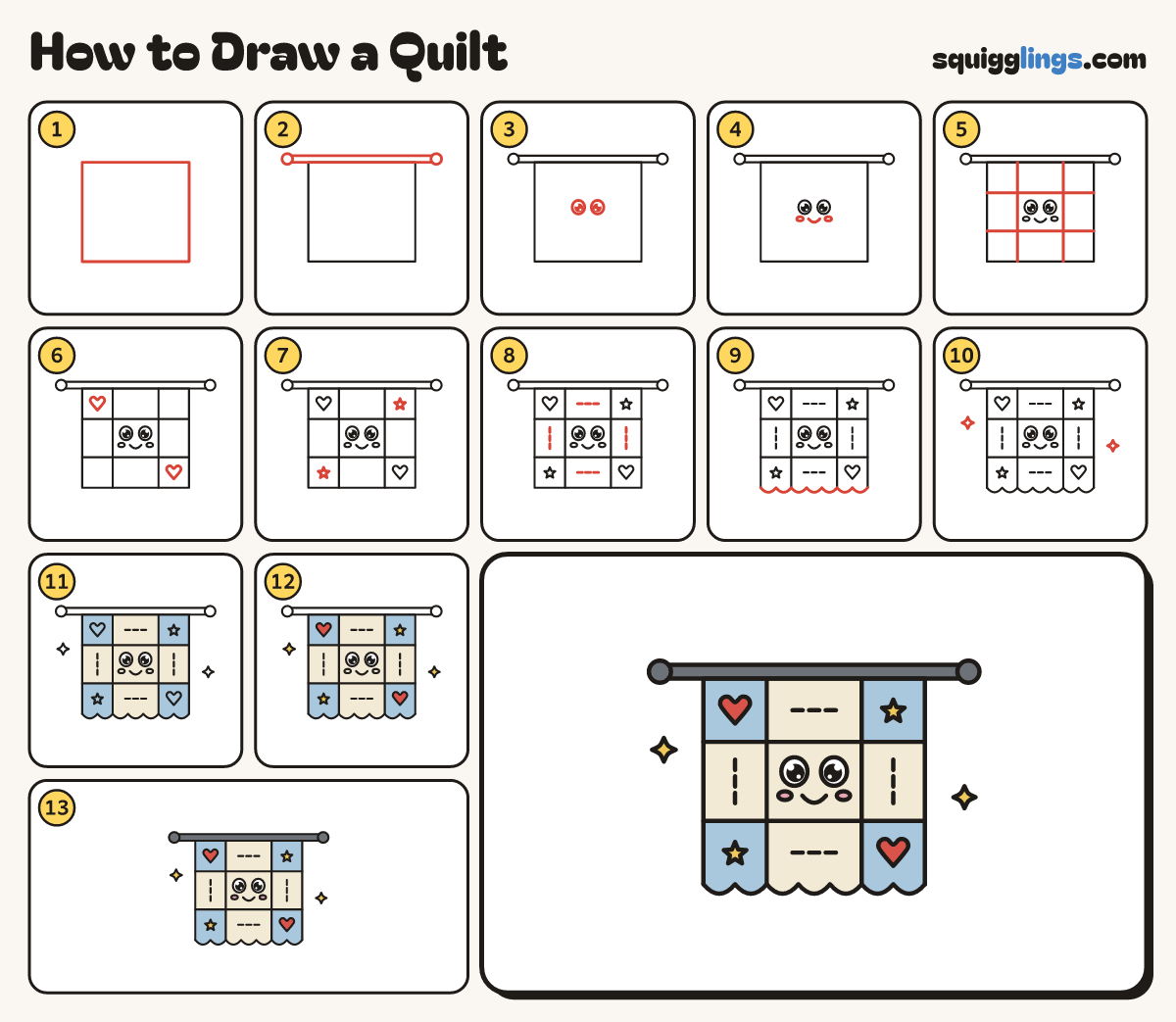 How to Draw a Quilt step by step: all 13 steps in one picture