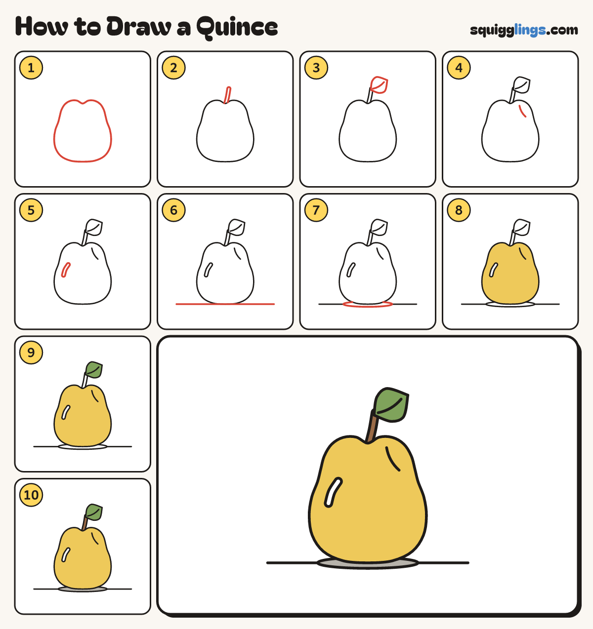 How to Draw a Quince step by step: all 10 steps in one picture