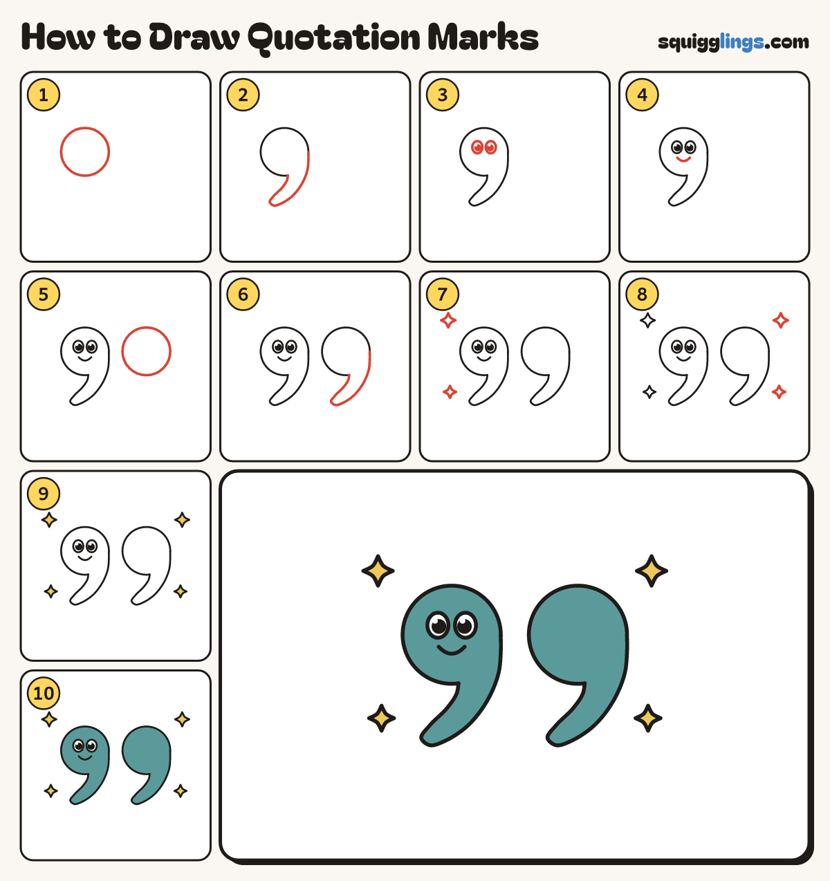 How to Draw Quotation Marks step by step: all 10 steps in one picture