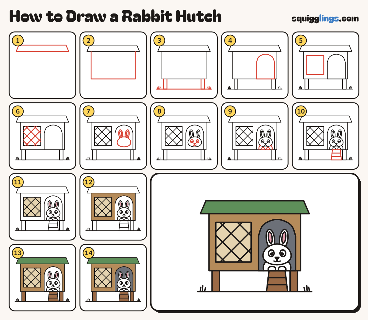 How to Draw a Rabbit Hutch step by step: all 14 steps in one picture