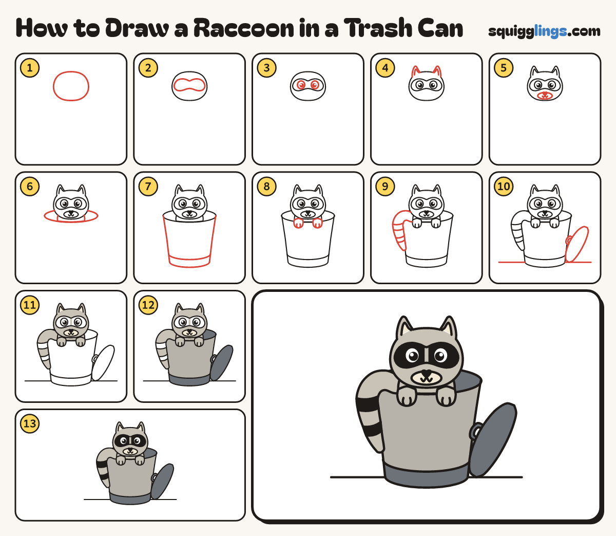 How to Draw a Raccoon in a Trash Can step by step: all 13 steps in one picture