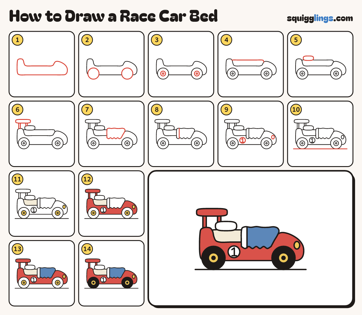 How to Draw a Race Car Bed step by step: all 14 steps in one picture