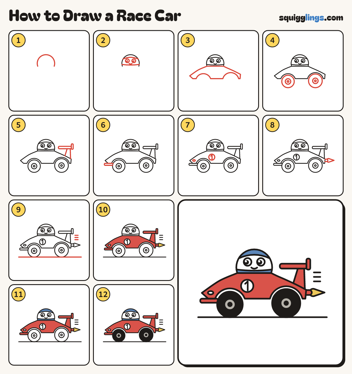 How to Draw a Race Car step by step: all 12 steps in one picture