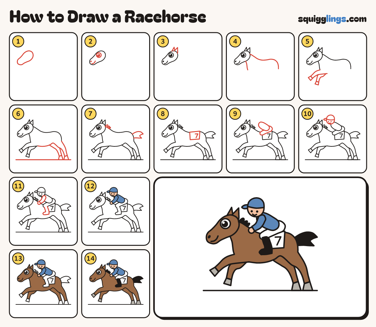 How to Draw a Racehorse step by step: all 14 steps in one picture