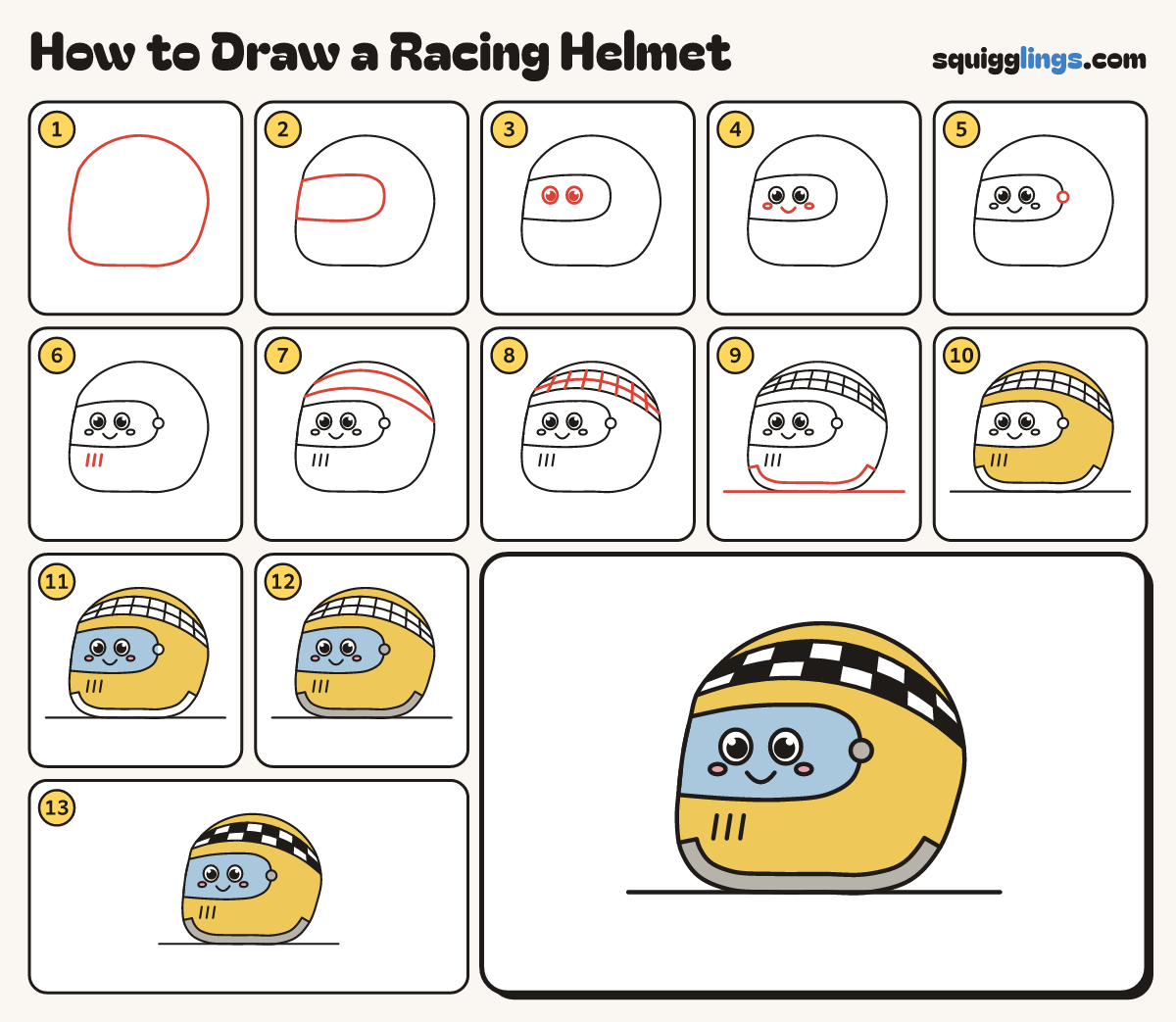 How to Draw a Racing Helmet step by step: all 13 steps in one picture