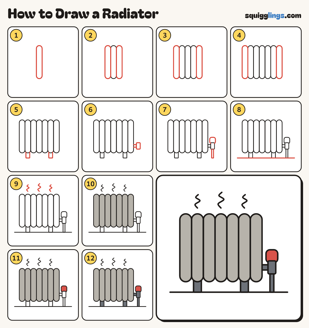 How to Draw a Radiator step by step: all 12 steps in one picture