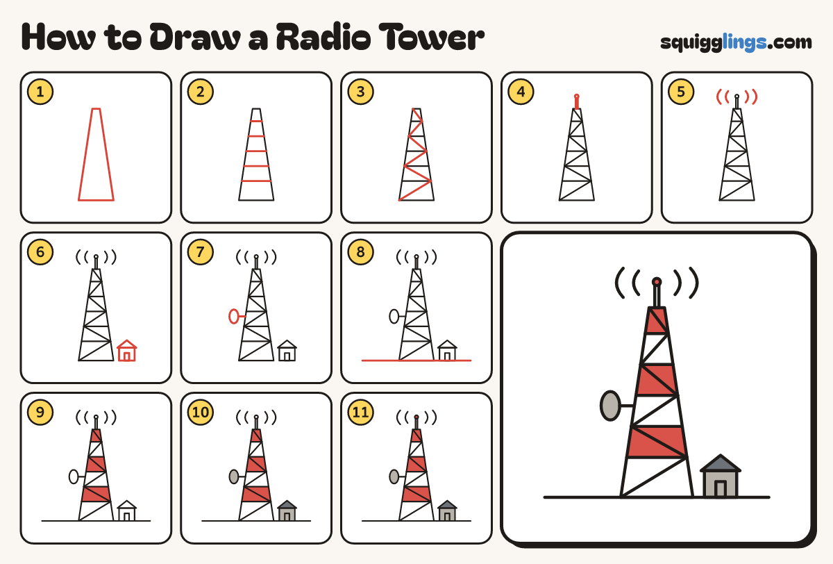 How to Draw a Radio Tower step by step: all 11 steps in one picture