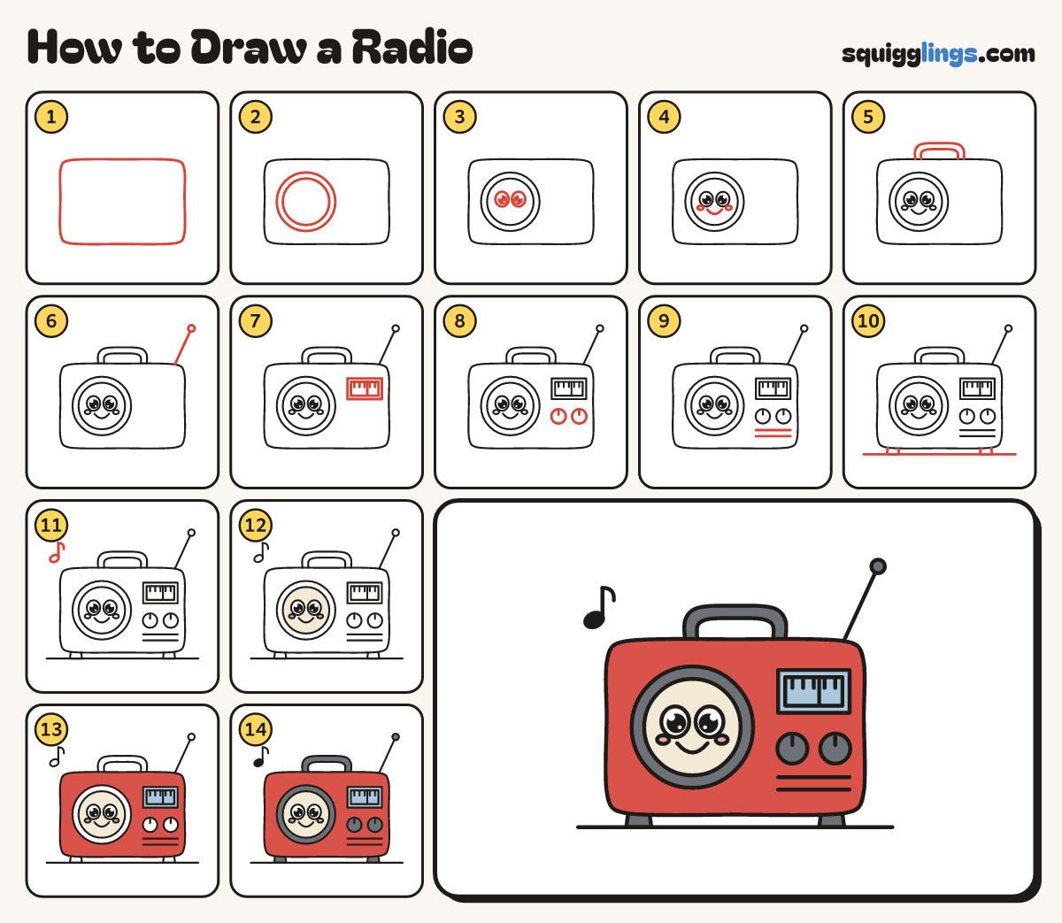 How to Draw a Radio step by step: all 14 steps in one picture