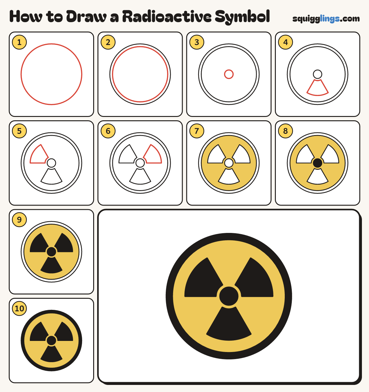 How to Draw a Radioactive Symbol step by step: all 10 steps in one picture