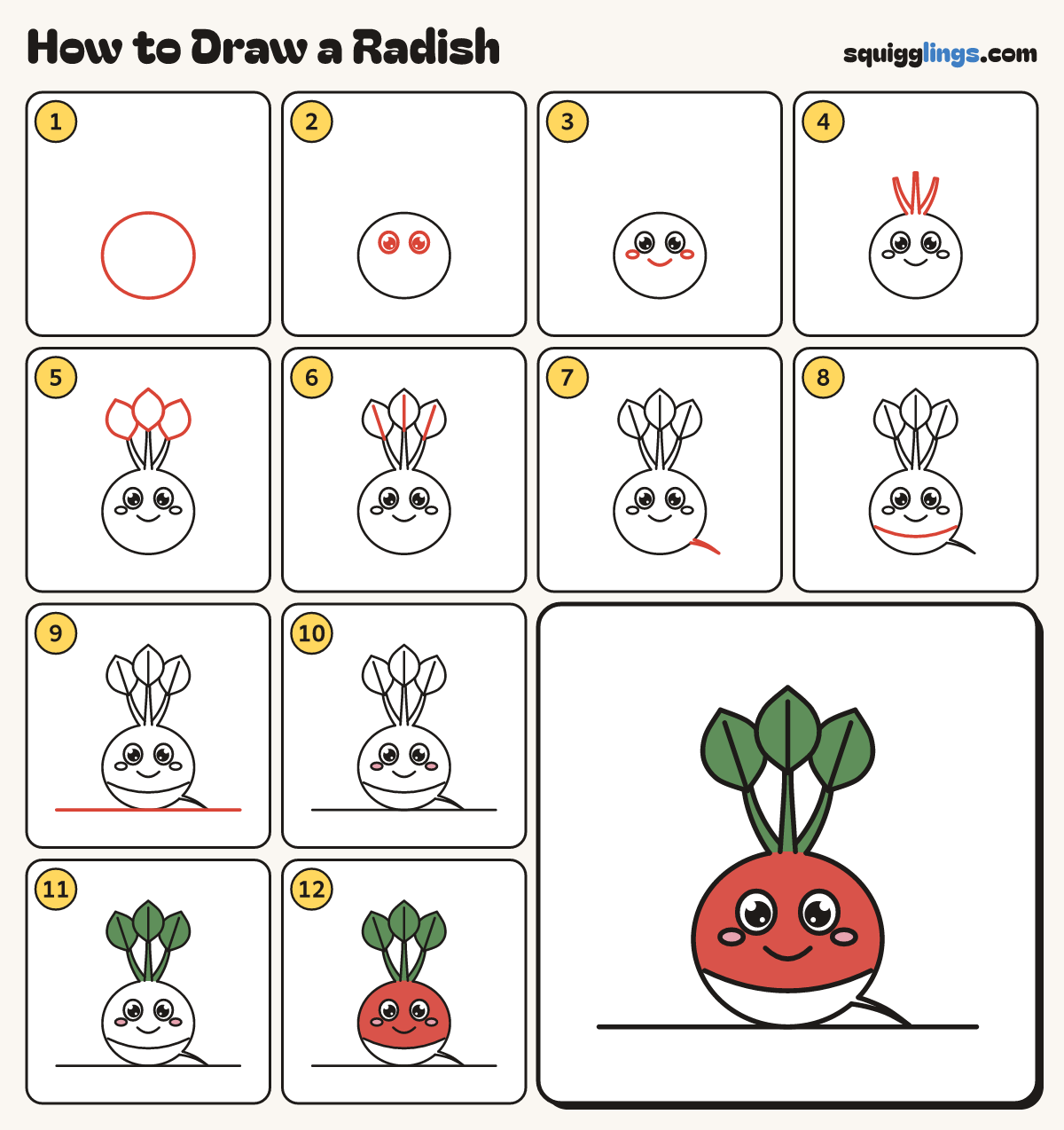 How to Draw a Radish step by step: all 12 steps in one picture