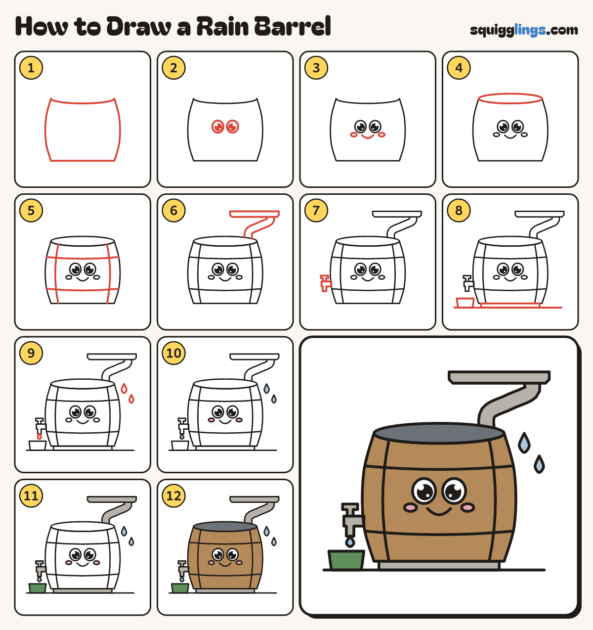 How to Draw a Rain Barrel step by step: all 12 steps in one picture
