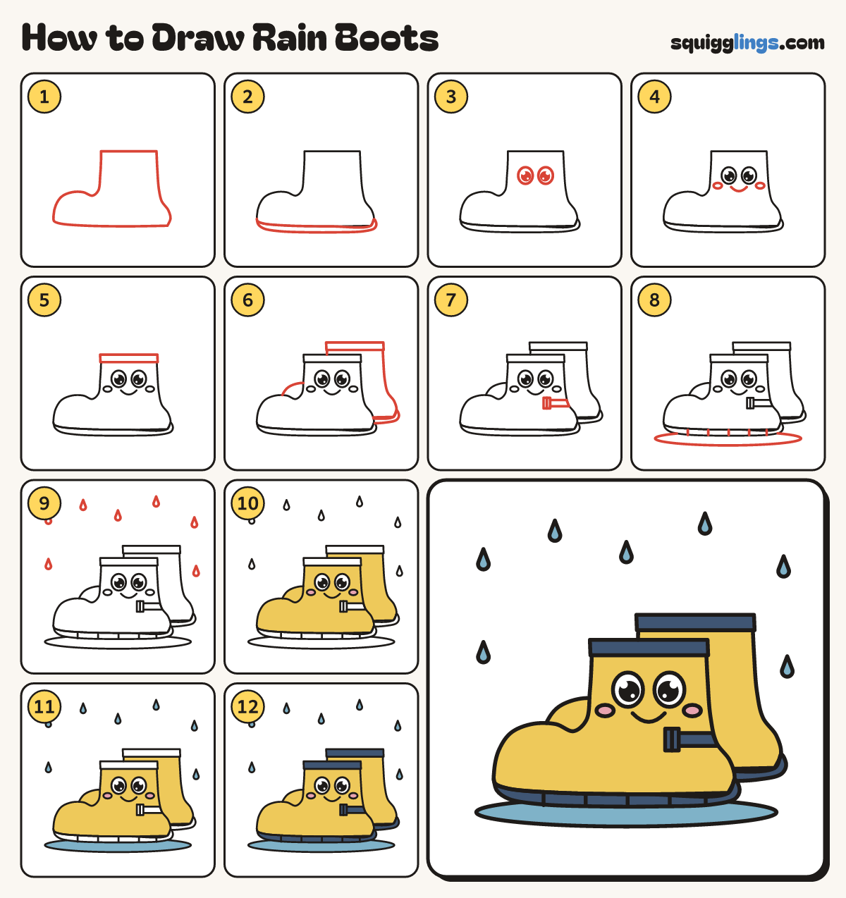 How to Draw Rain Boots step by step: all 12 steps in one picture