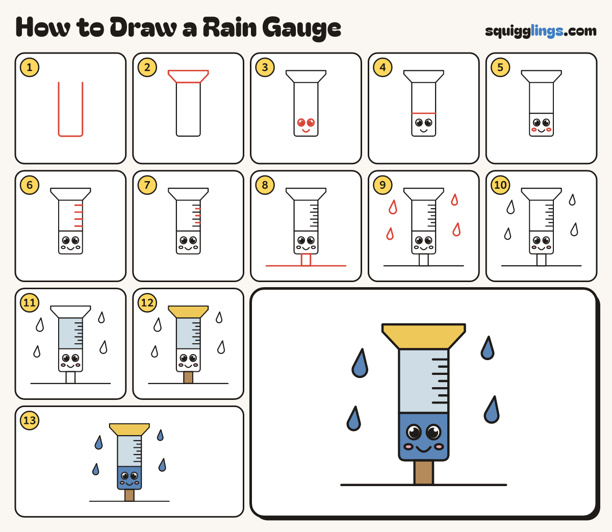 How to Draw a Rain Gauge step by step: all 13 steps in one picture