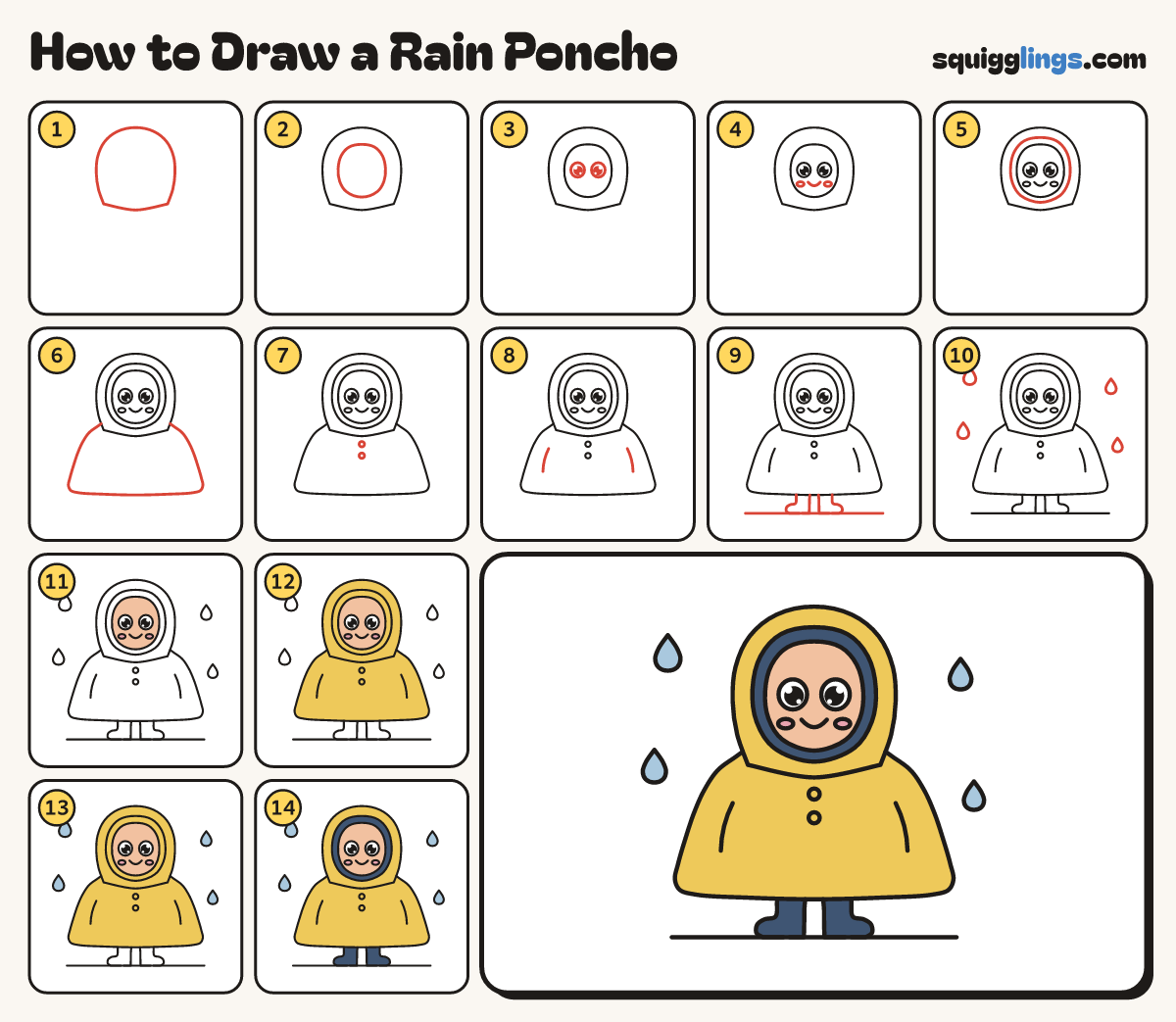 How to Draw a Rain Poncho step by step: all 14 steps in one picture