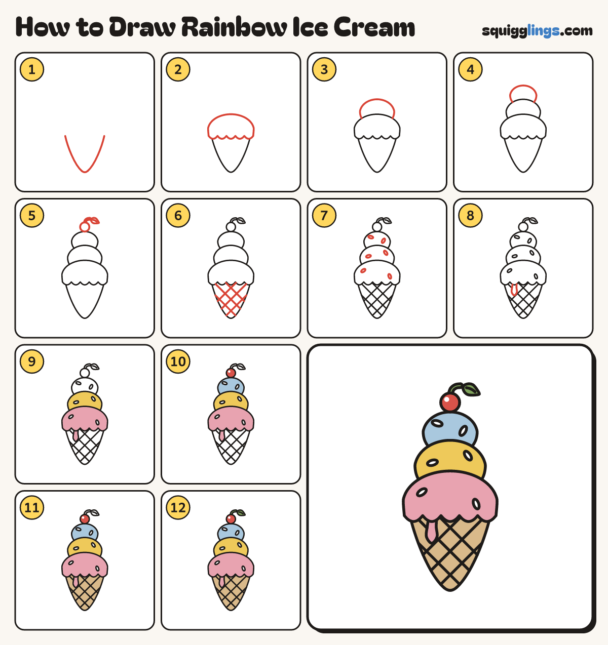 How to Draw Rainbow Ice Cream step by step: all 12 steps in one picture