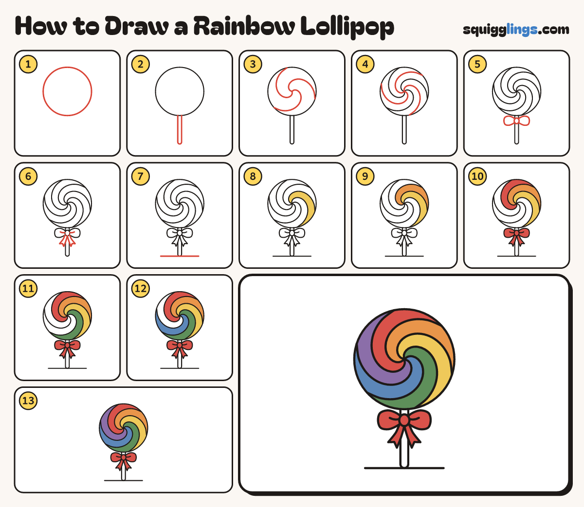 How to Draw a Rainbow Lollipop step by step: all 13 steps in one picture