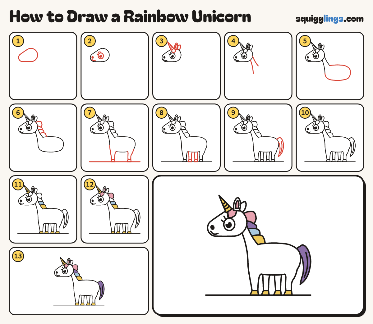How to Draw a Rainbow Unicorn step by step: all 13 steps in one picture