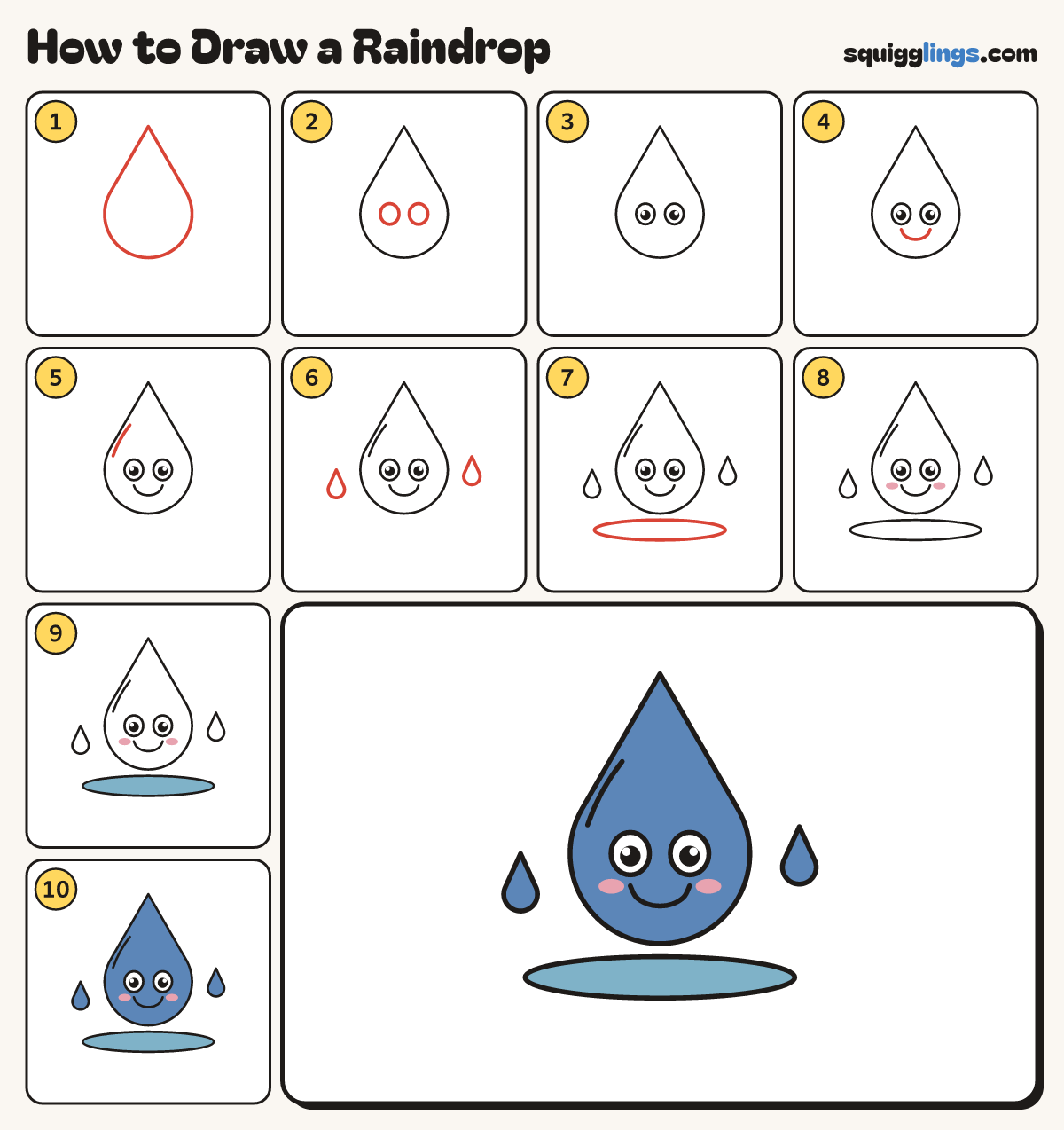 How to Draw a Raindrop step by step: all 10 steps in one picture