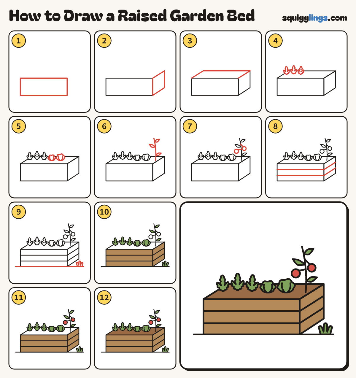 How to Draw a Raised Garden Bed step by step: all 12 steps in one picture