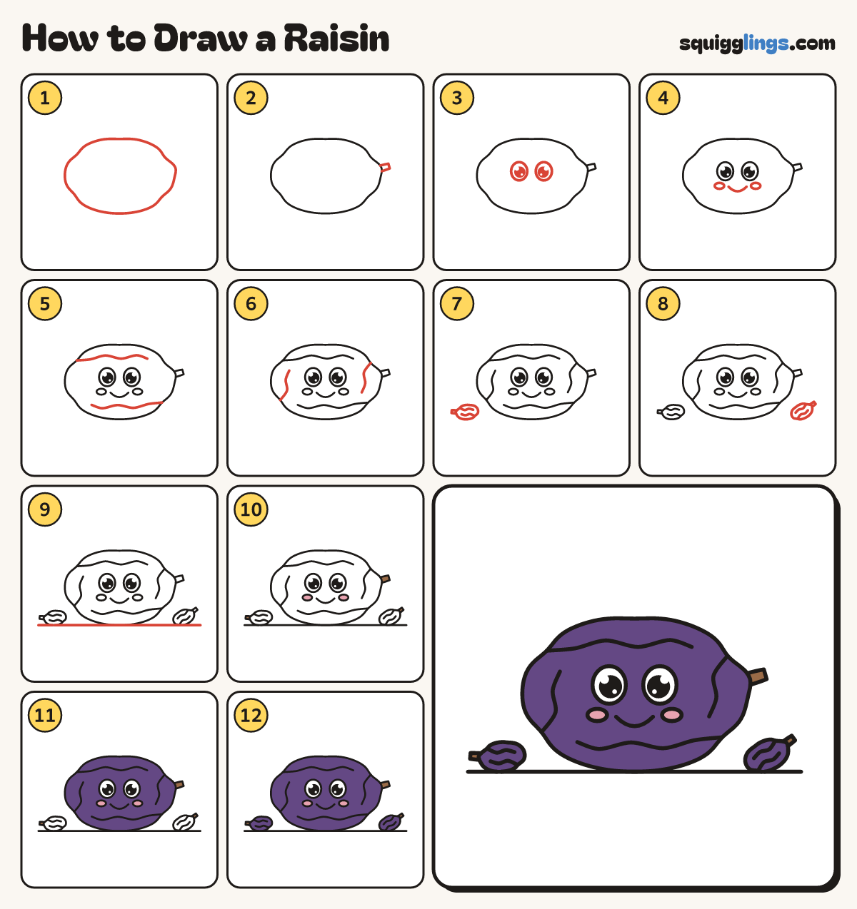 How to Draw a Raisin step by step: all 12 steps in one picture