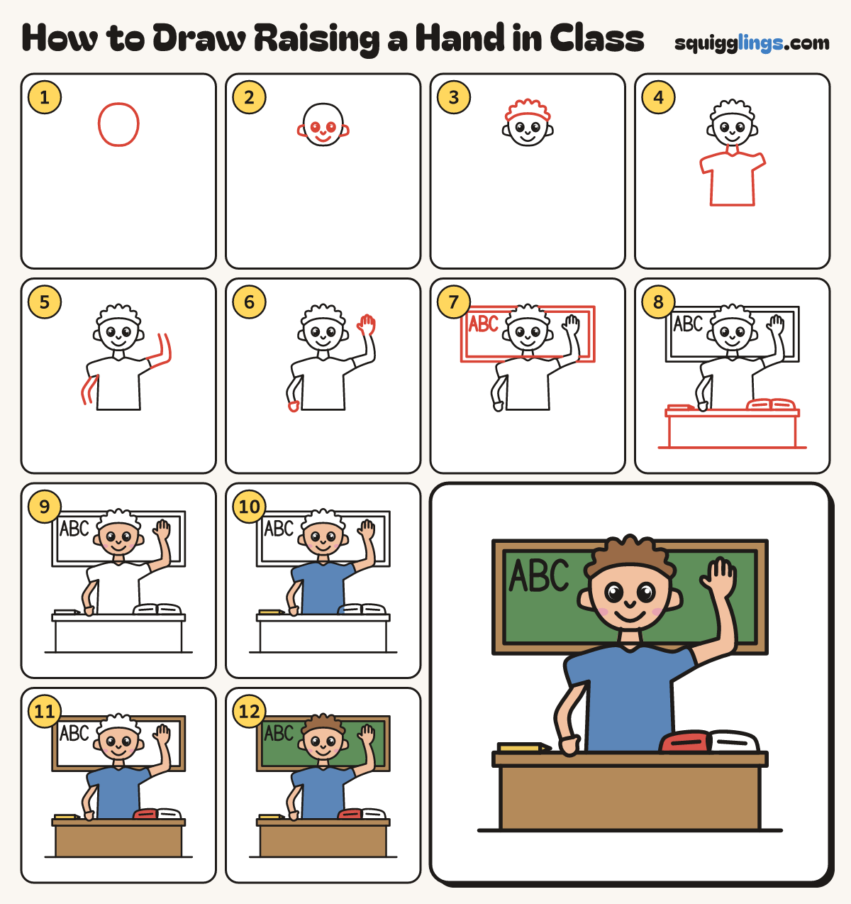 How to Draw Raising a Hand in Class step by step: all 12 steps in one picture
