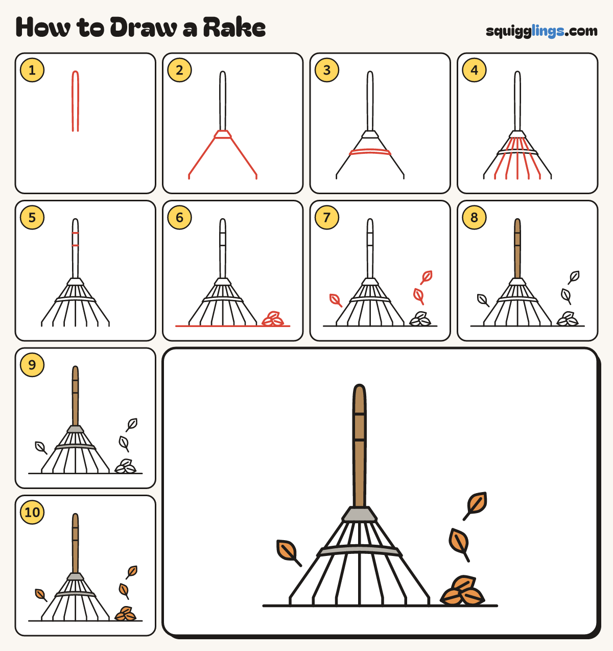 How to Draw a Rake step by step: all 10 steps in one picture