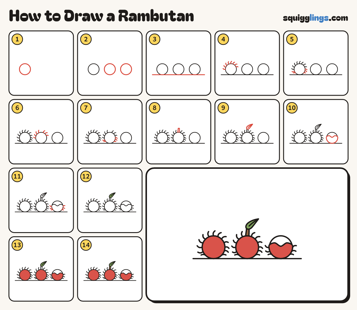 How to Draw a Rambutan step by step: all 14 steps in one picture