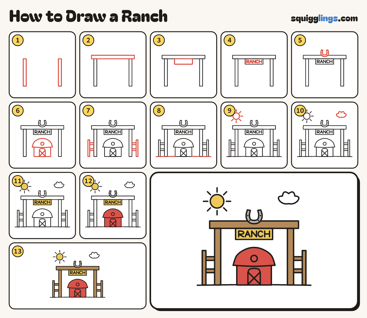 How to Draw a Ranch step by step: all 13 steps in one picture