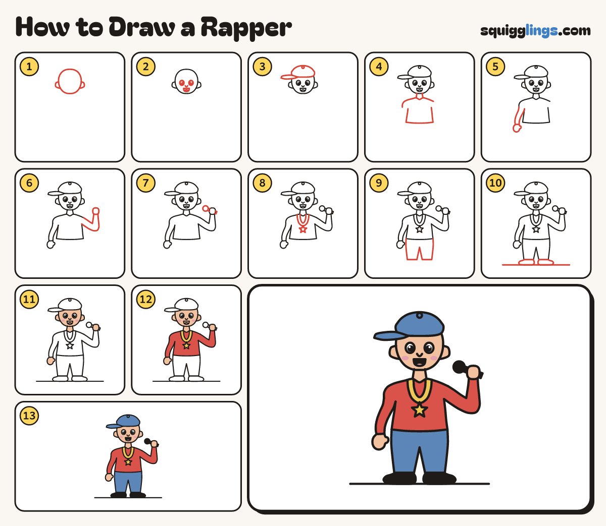 How to Draw a Rapper step by step: all 13 steps in one picture