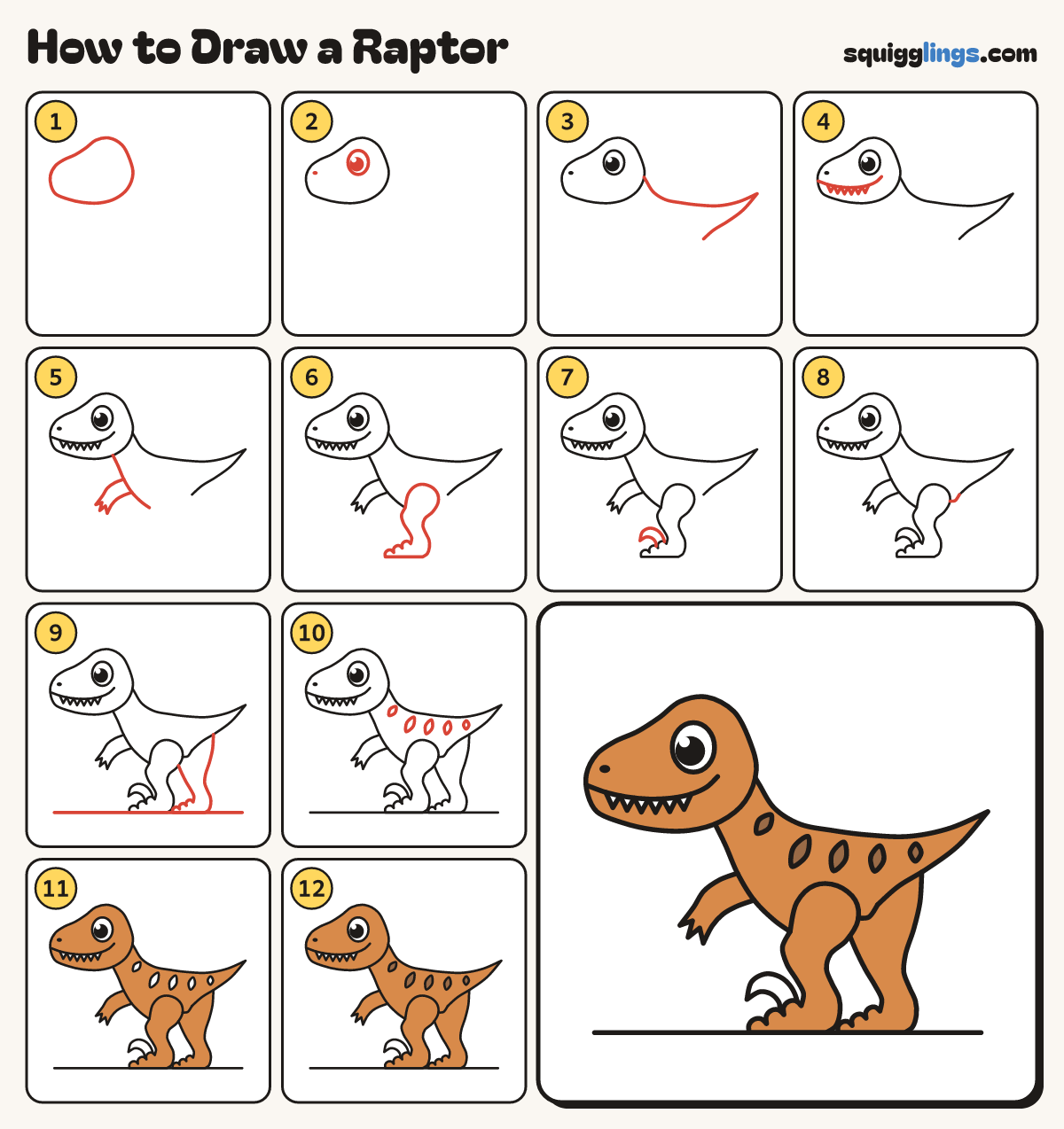 How to Draw a Raptor step by step: all 12 steps in one picture