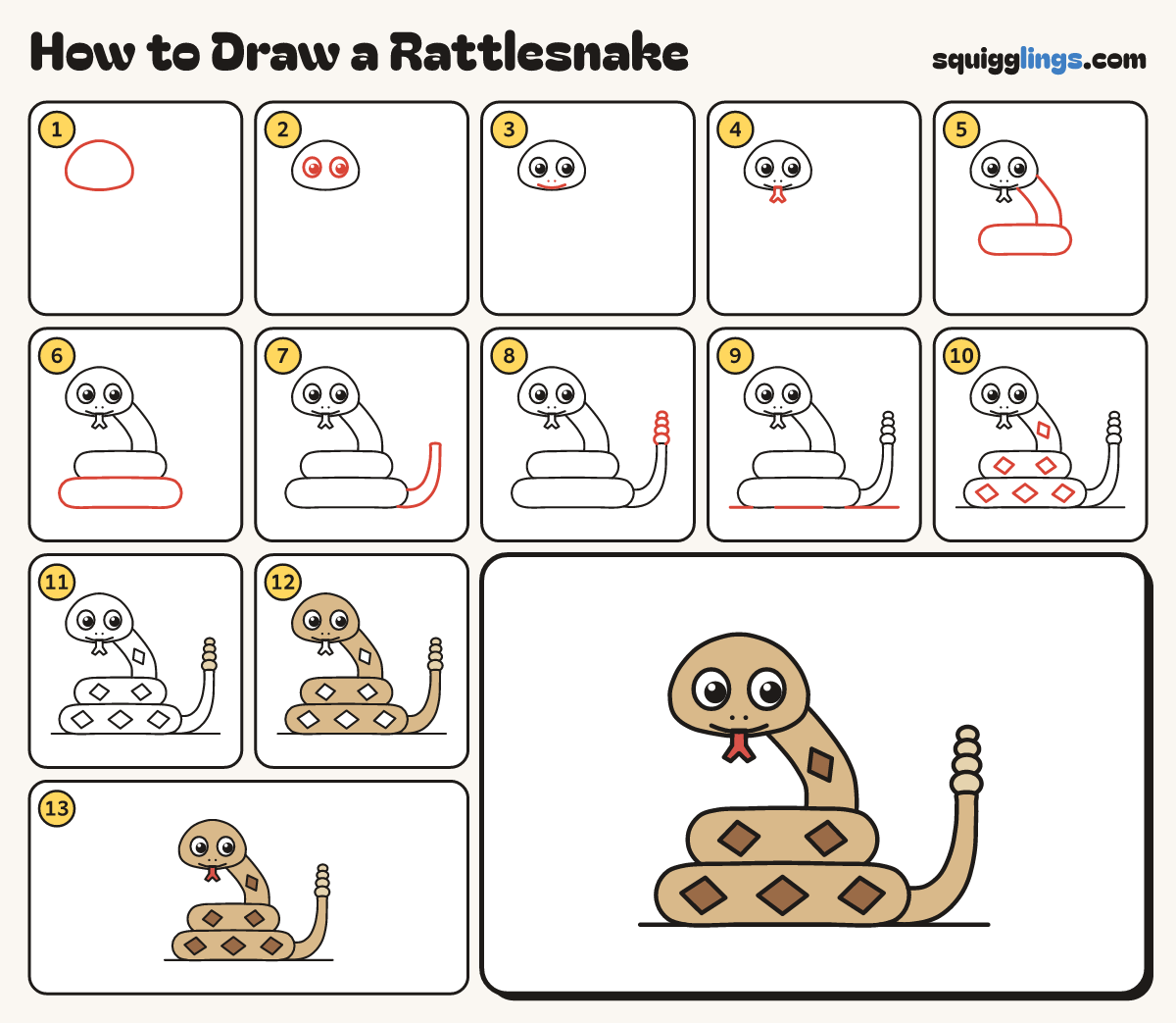 How to Draw a Rattlesnake step by step: all 13 steps in one picture