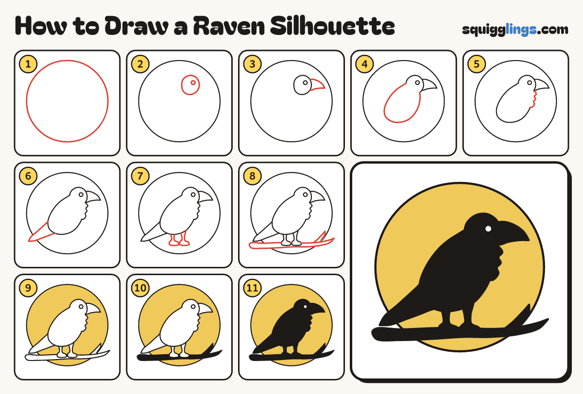 How to Draw a Raven Silhouette step by step: all 11 steps in one picture