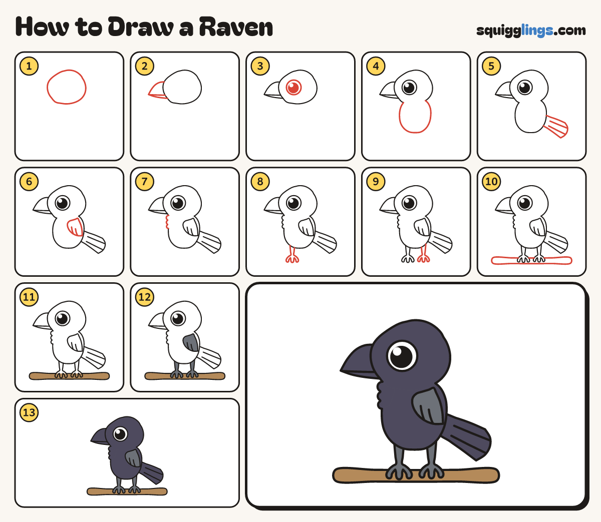 How to Draw a Raven step by step: all 13 steps in one picture