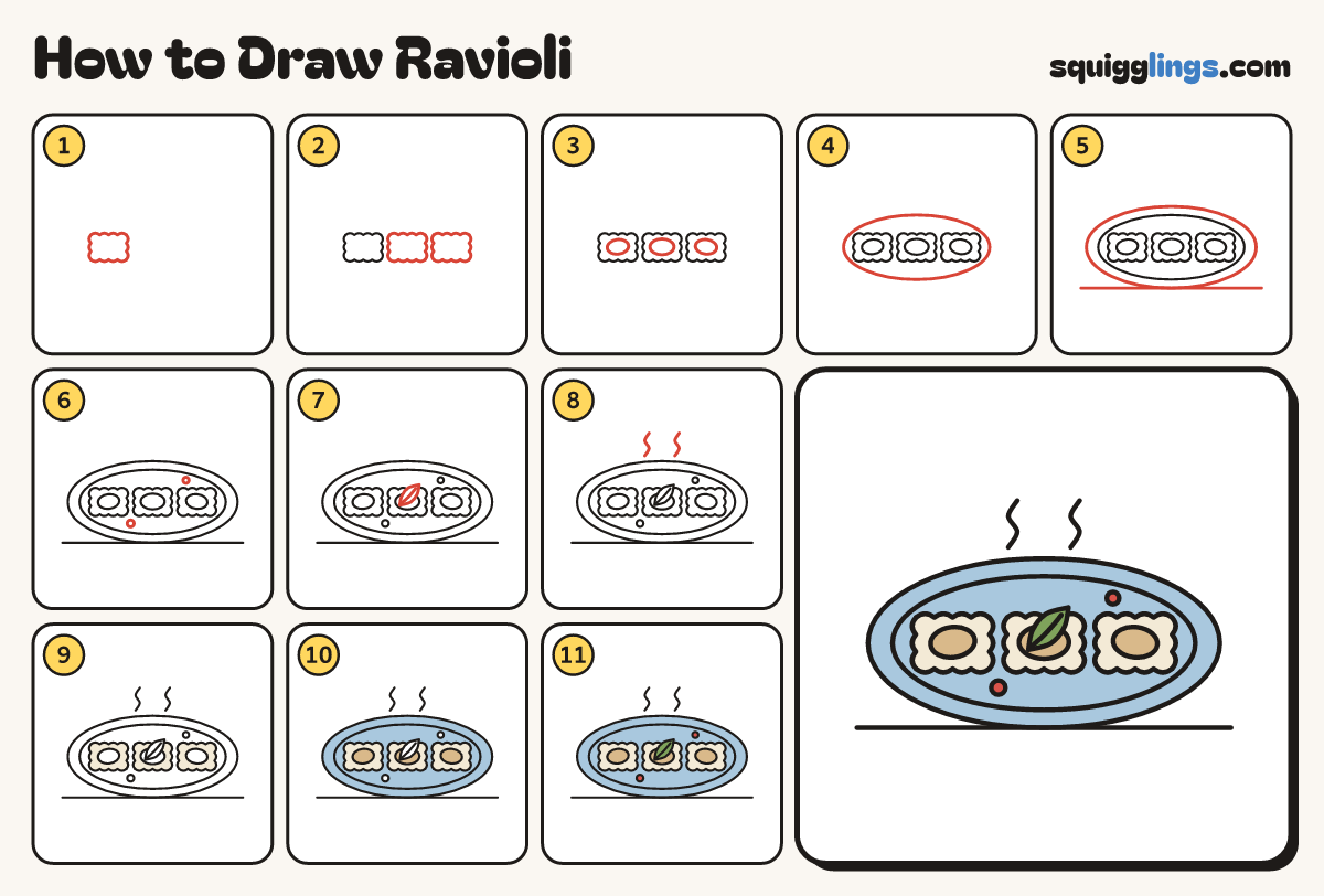 How to Draw Ravioli step by step: all 11 steps in one picture