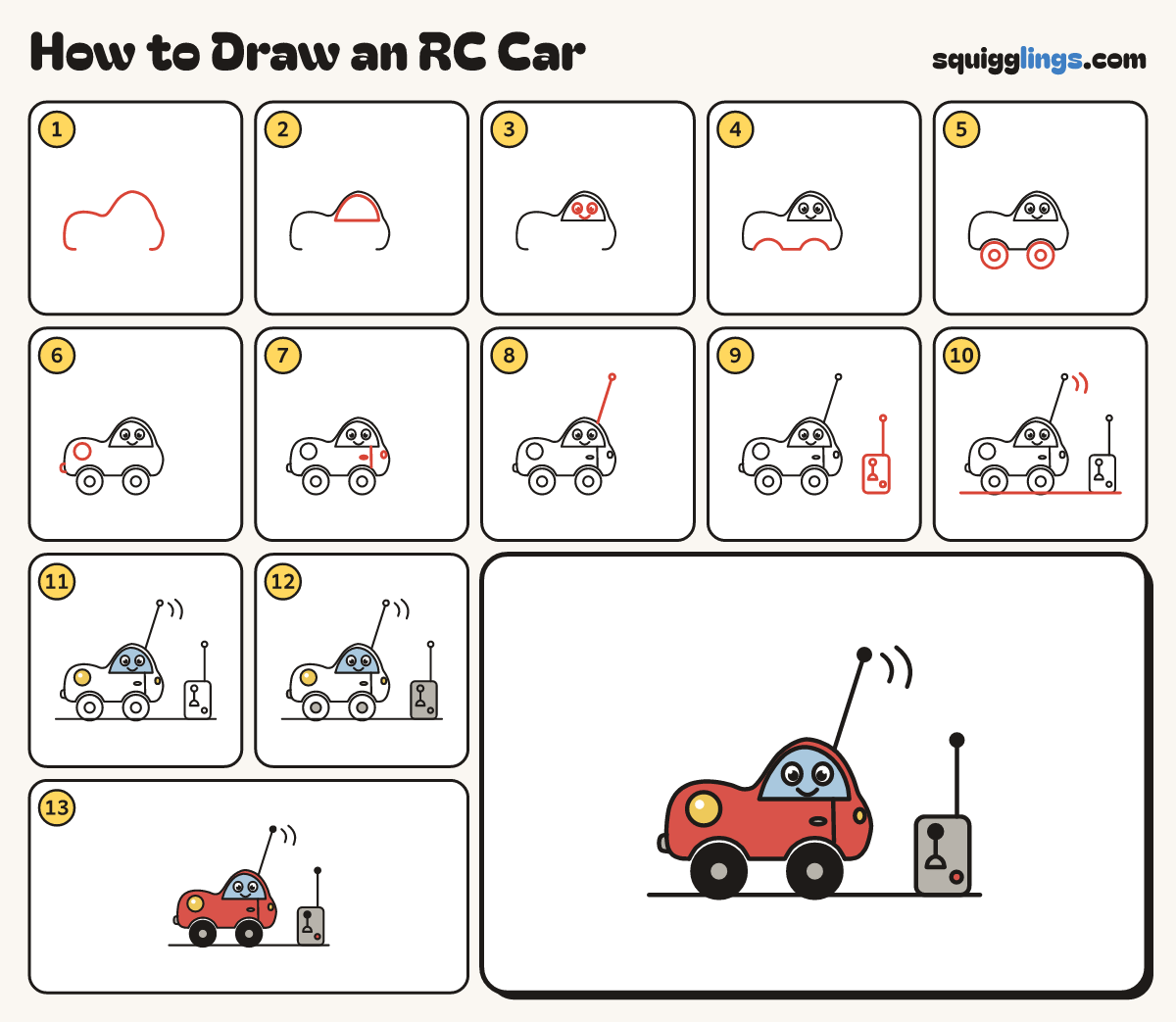 How to Draw an RC Car step by step: all 13 steps in one picture