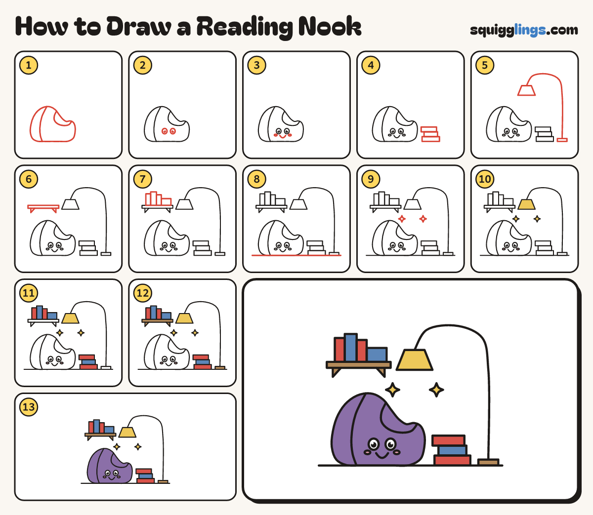 How to Draw a Reading Nook step by step: all 13 steps in one picture