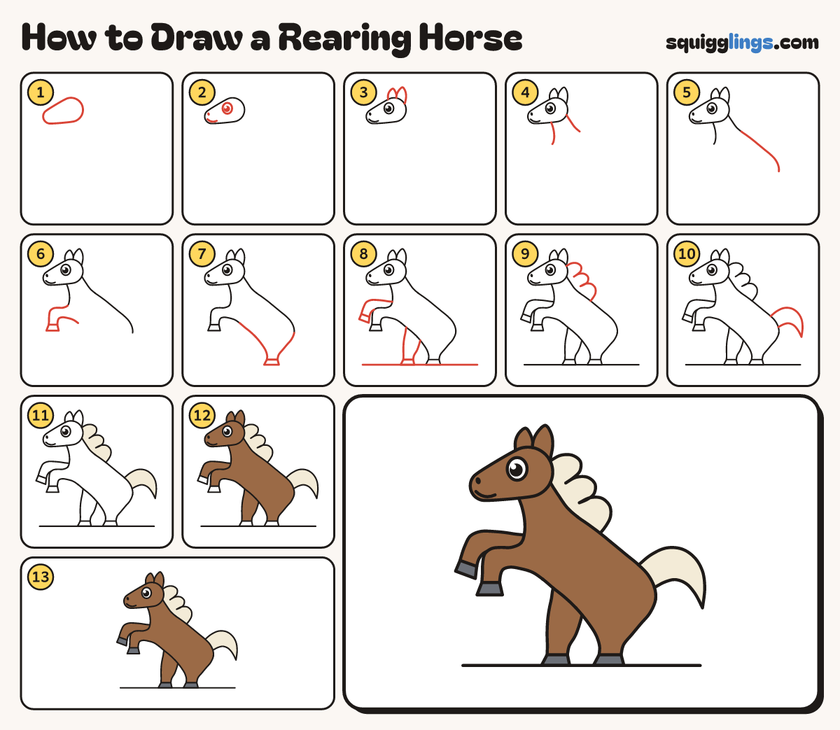 How to Draw a Rearing Horse step by step: all 13 steps in one picture