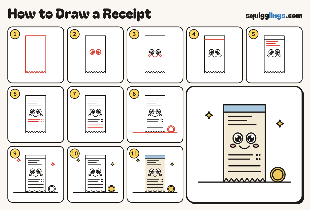 How to Draw a Receipt step by step: all 11 steps in one picture