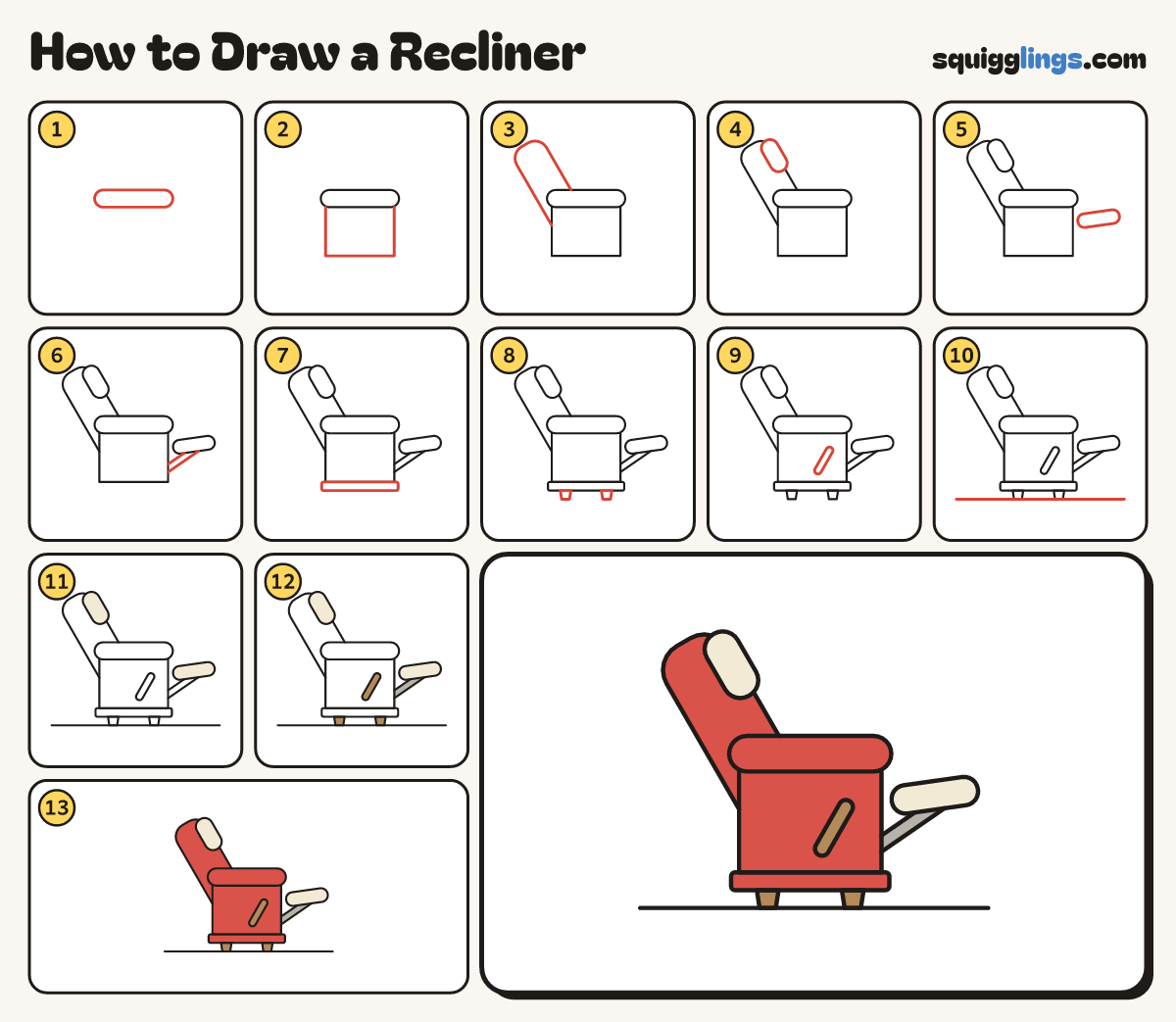 How to Draw a Recliner step by step: all 13 steps in one picture