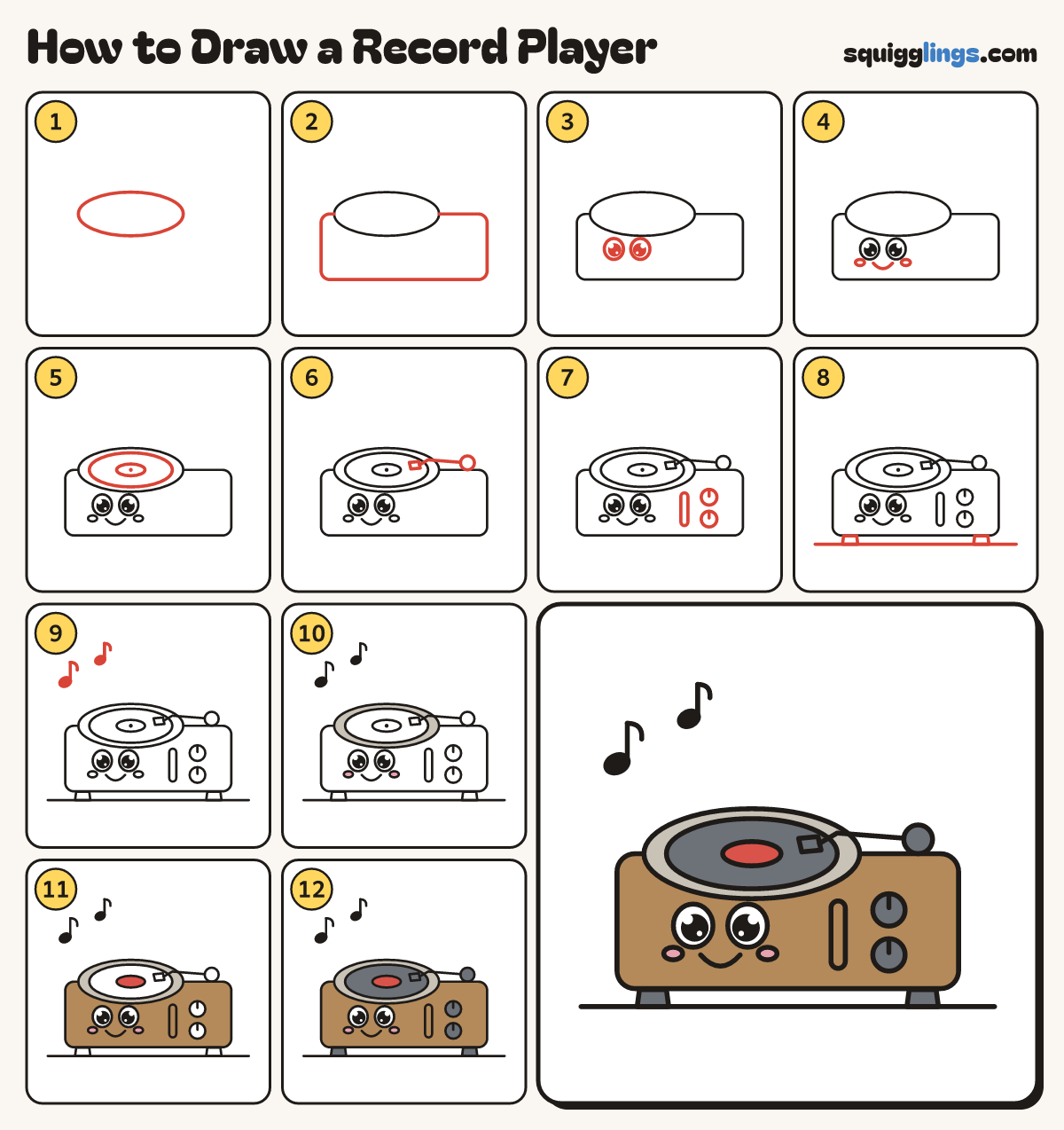 How to Draw a Record Player step by step: all 12 steps in one picture