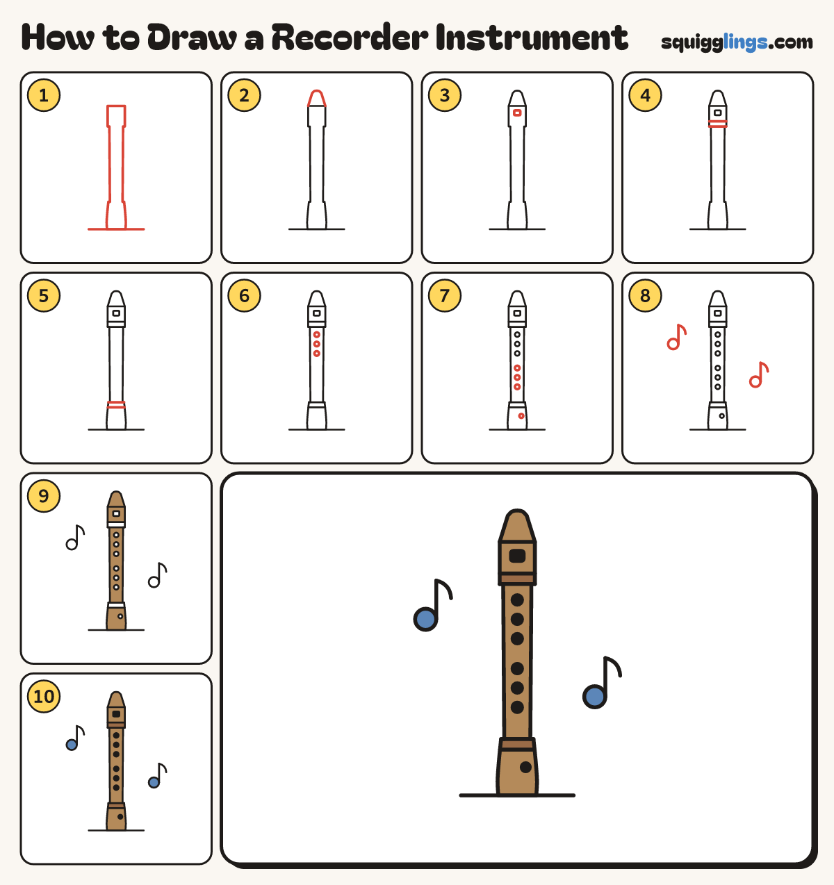 How to Draw a Recorder Instrument step by step: all 10 steps in one picture