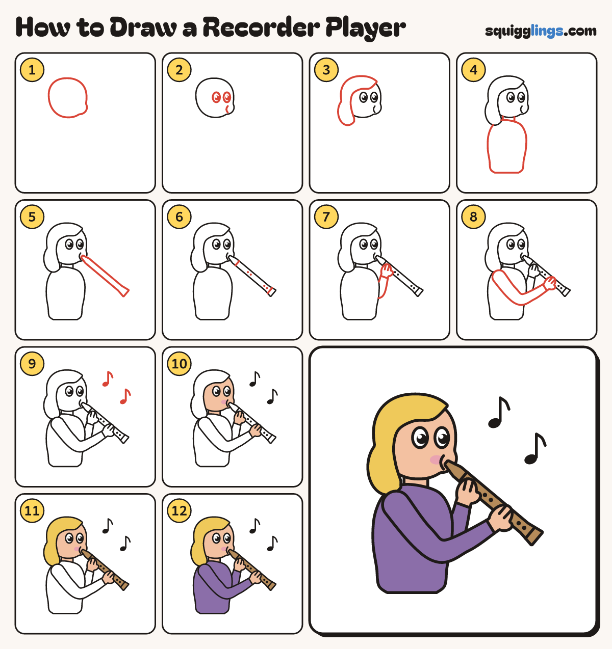 How to Draw a Recorder Player step by step: all 12 steps in one picture
