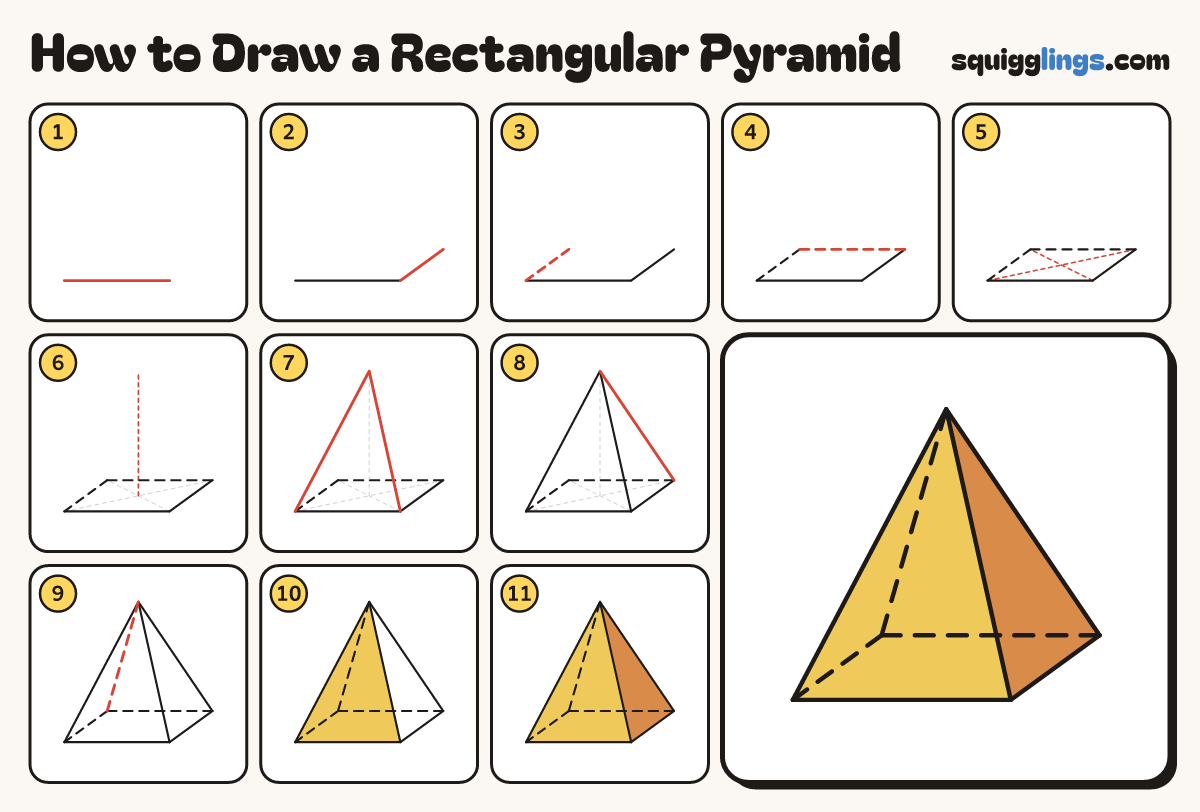 How to Draw a Rectangular Pyramid step by step: all 11 steps in one picture