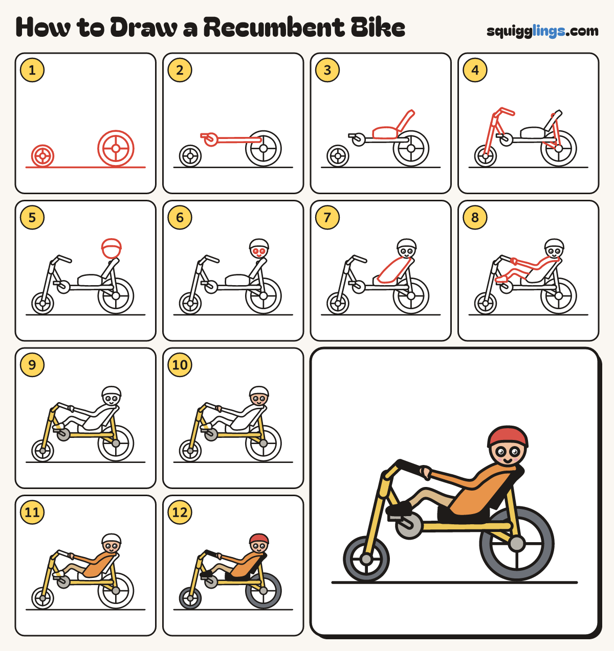 How to Draw a Recumbent Bike step by step: all 12 steps in one picture